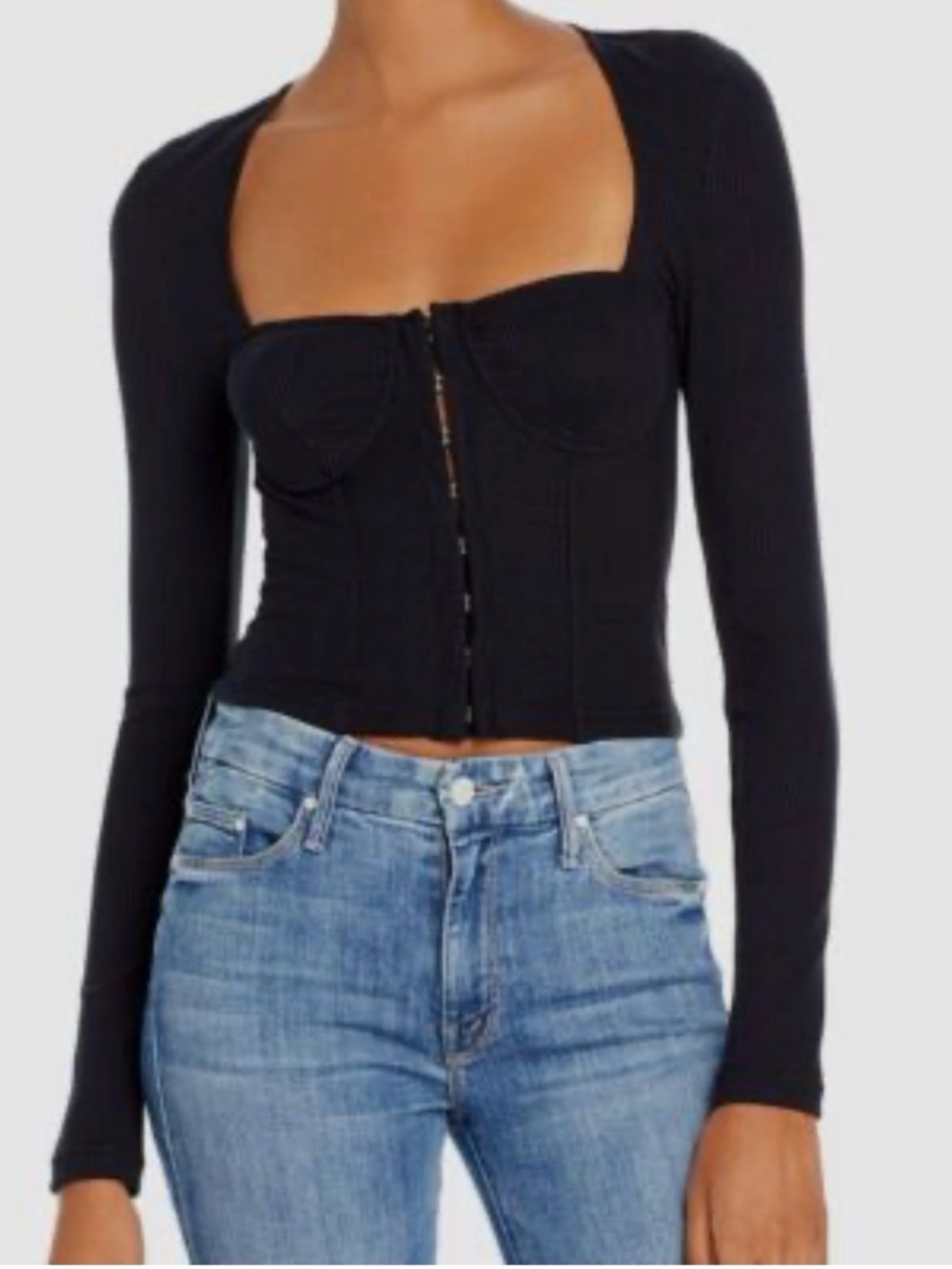 Jonathan Simkhai Black Long-Sleeve Corset Zip Crop Top